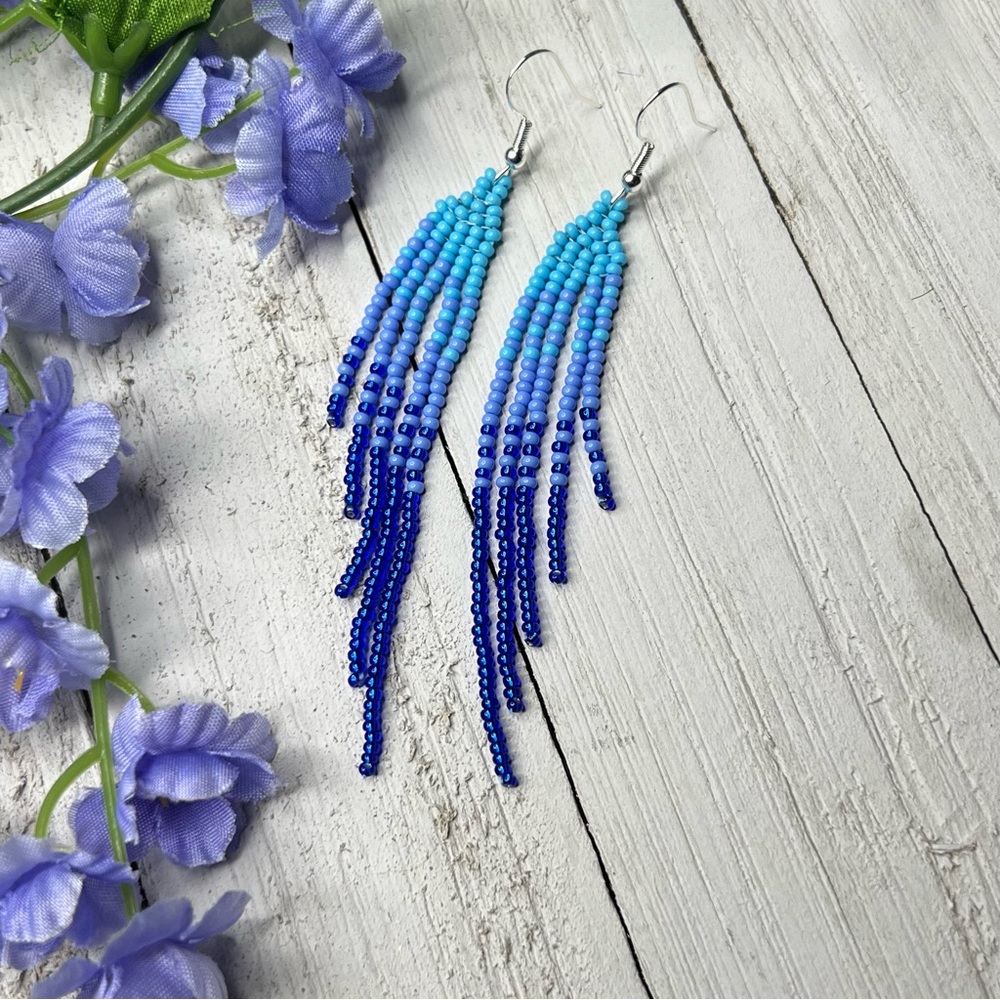 Sapphire Blue‎ Seed Beaded Earrings 3.5 inches Long Stainless Steel Ear Hook